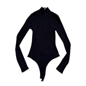 Lulus Basics essential small Black Ribbed Long Sleeve Mock Neck Thong Bodysuit